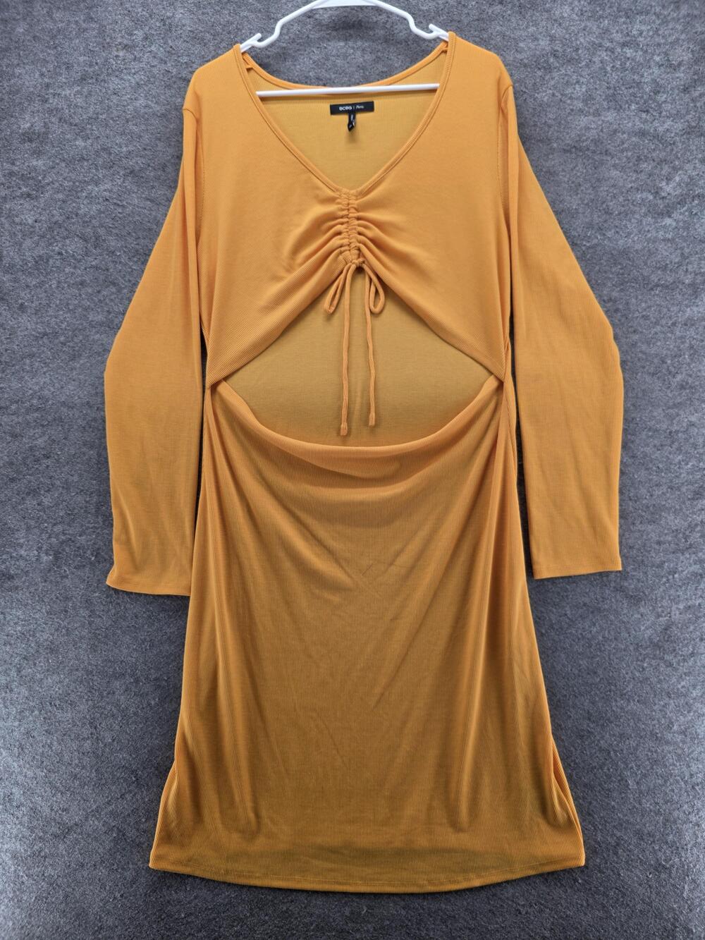 BCBGMAXAZRIA Dress Womens 2XL Yellow Cutout Ruched Bodycon Long Sleeve Mini